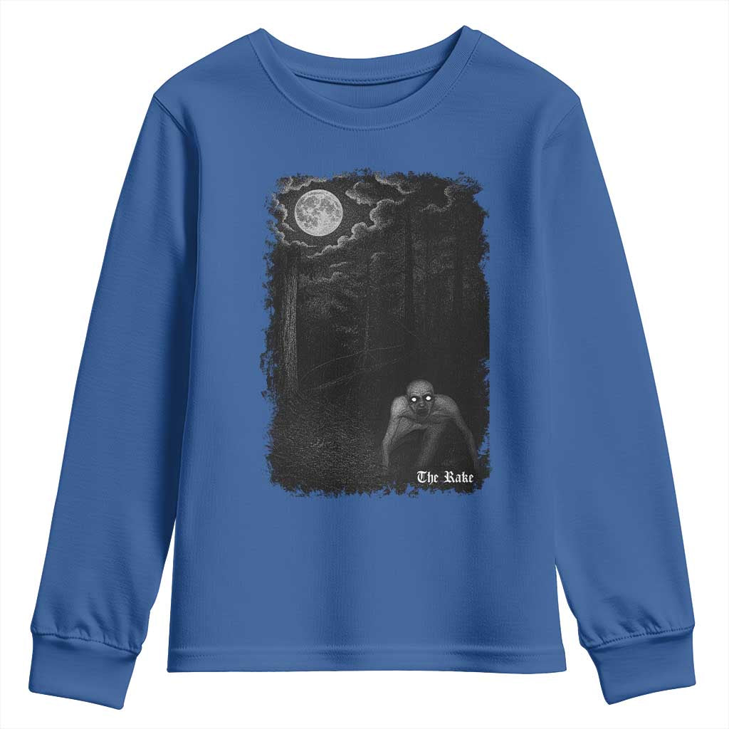 Rake Creepypasta Youth Sweatshirt Cryptid Series Cryptozoology Gift Creepy Horror Halloween TS10 Royal Blue Print Your Wear