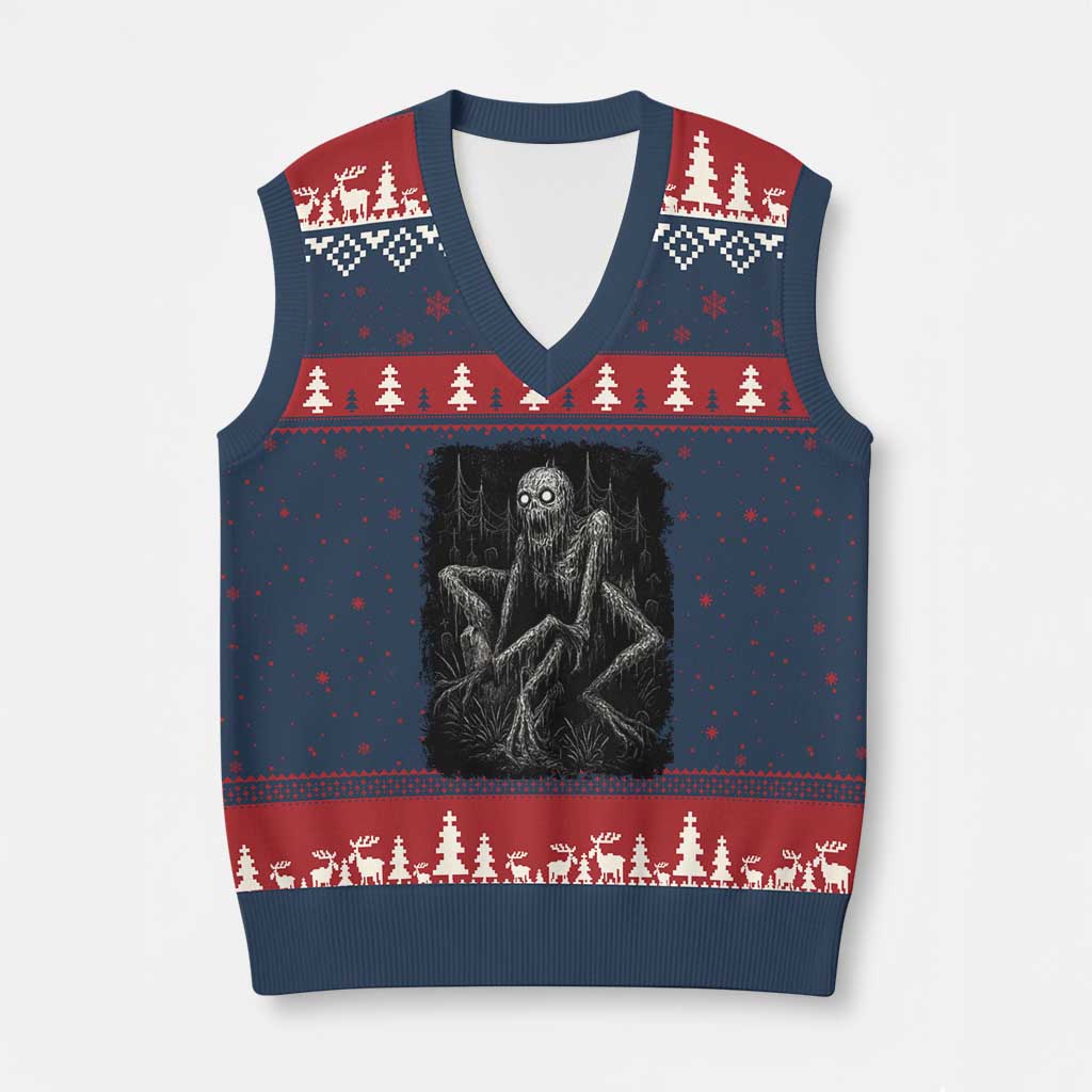 Creepy Rake V-Neck Knit Sweater Vest Creepypasta Cryptid Series Alt Goth Grunge Horror Aesthetic TS10 Navy Red Print Your Wear