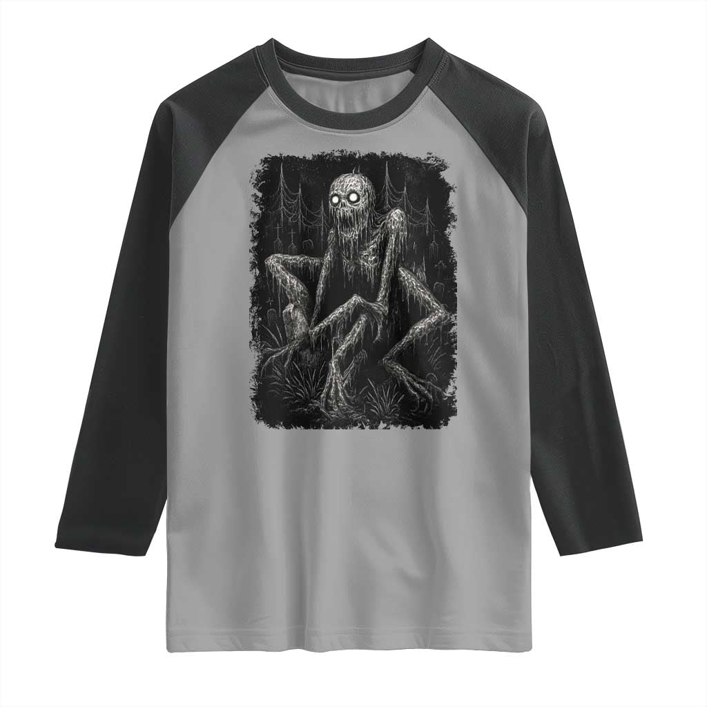 Creepy Rake Raglan Shirt Creepypasta Cryptid Series Alt Goth Grunge Horror Aesthetic TS10 Sport Gray Black Print Your Wear