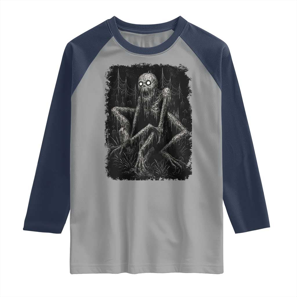 Creepy Rake Raglan Shirt Creepypasta Cryptid Series Alt Goth Grunge Horror Aesthetic TS10 Sport Gray Navy Print Your Wear
