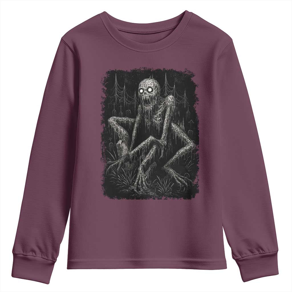 Creepy Rake Youth Sweatshirt Creepypasta Cryptid Series Alt Goth Grunge Horror Aesthetic TS10 Maroon Print Your Wear