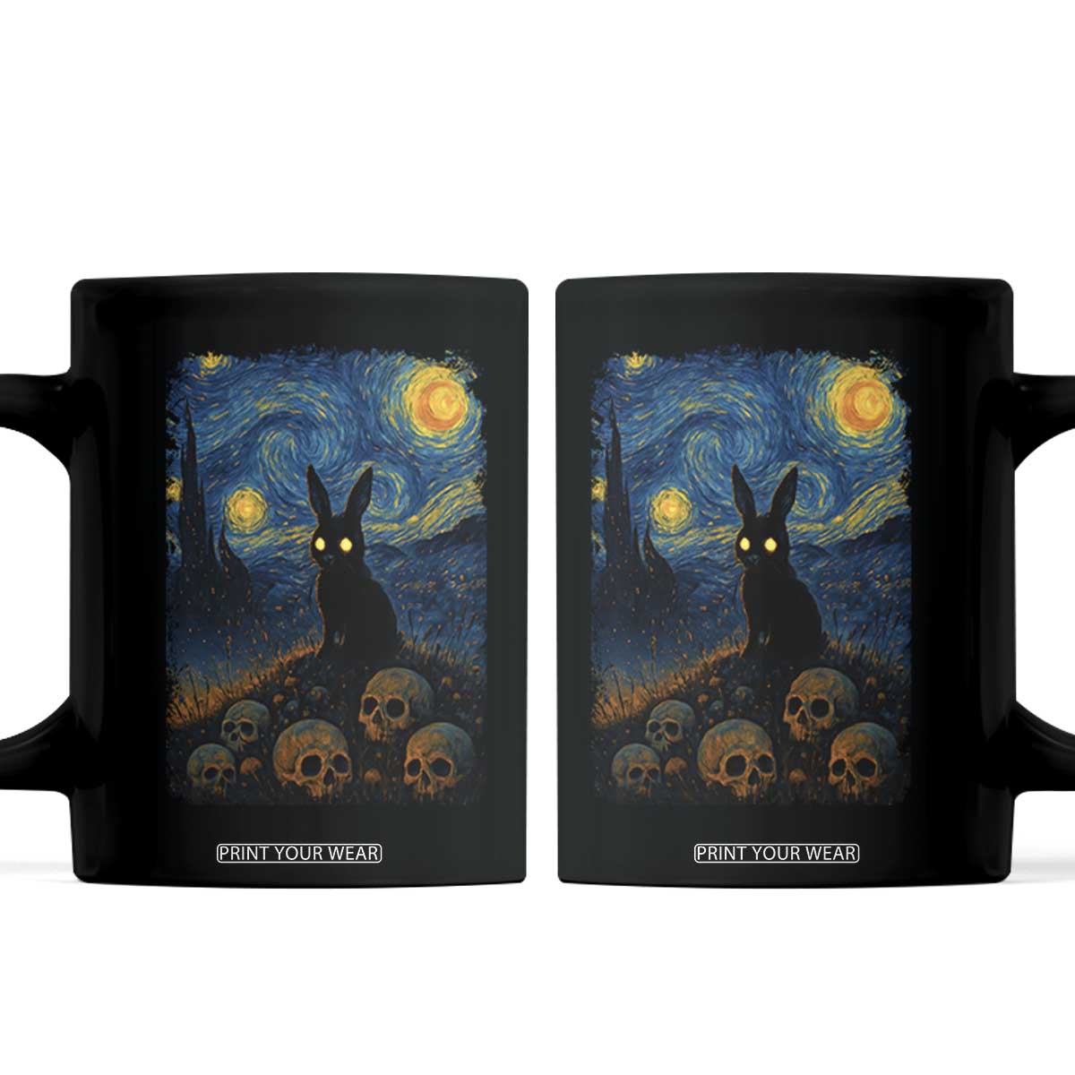 Creepy Cute Bunny Rabbits Coffee Mug Alt Goth Grunge Dark Horror Starry Night Van Gogh Aesthetic TS10 Black Print Your Wear