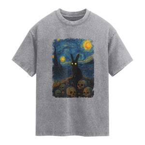 Creepy Cute Bunny Rabbits Washed Cotton T-Shirt Alt Goth Grunge Dark Horror Starry Night Van Gogh Aesthetic