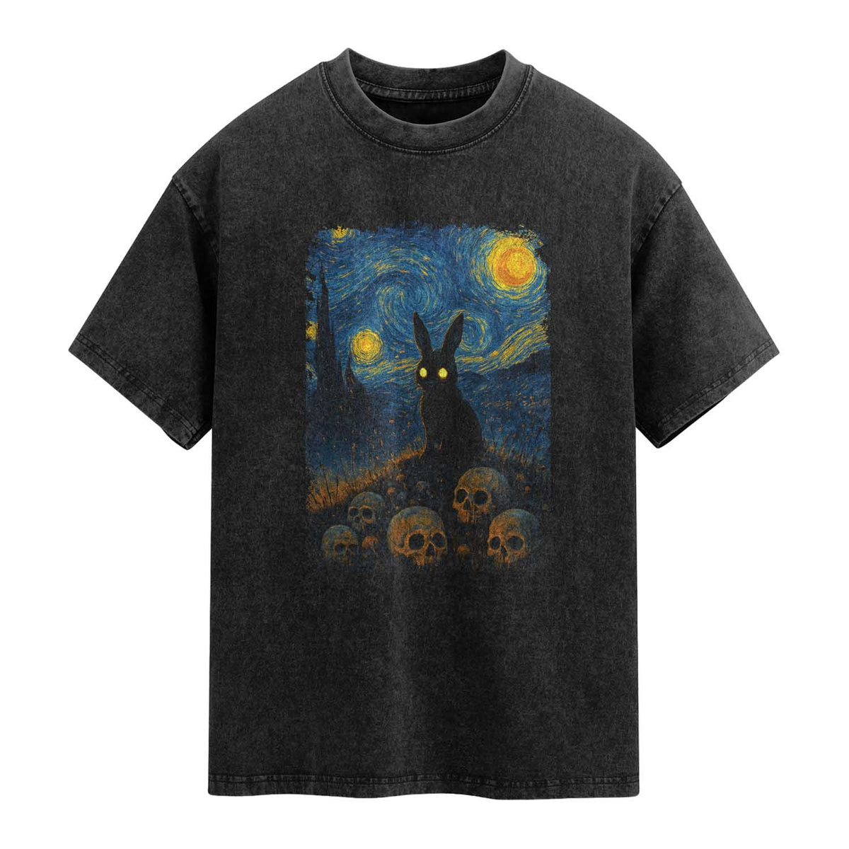 Creepy Cute Bunny Rabbits Washed Cotton T-Shirt Alt Goth Grunge Dark Horror Starry Night Van Gogh Aesthetic