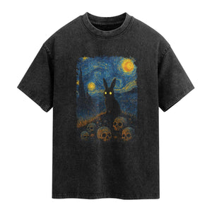 Creepy Cute Bunny Rabbits Washed Cotton T-Shirt Alt Goth Grunge Dark Horror Starry Night Van Gogh Aesthetic