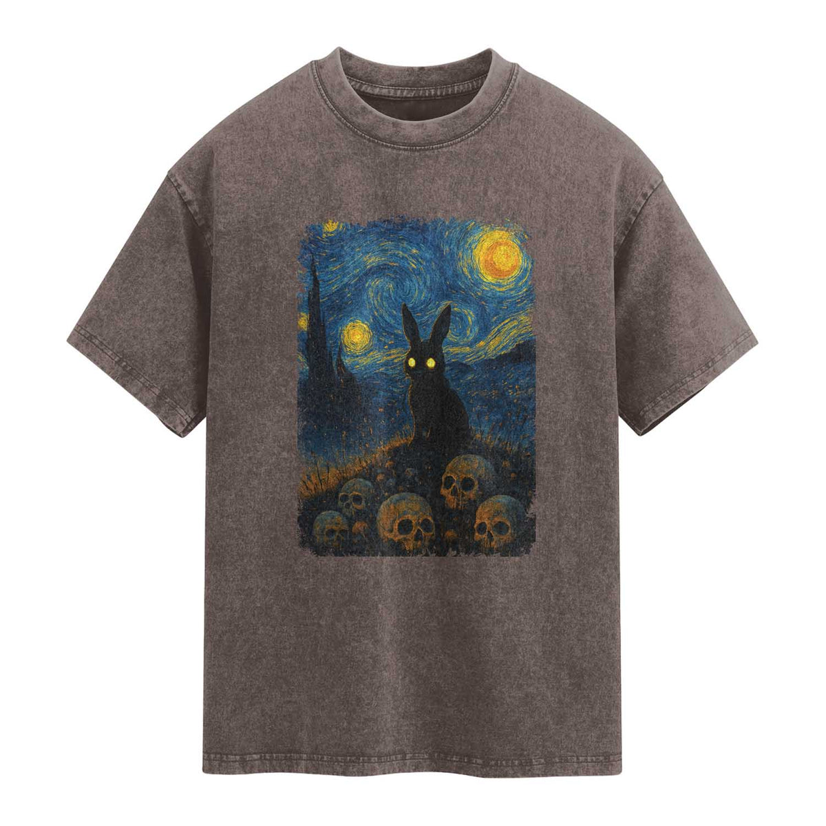Creepy Cute Bunny Rabbits Washed Cotton T-Shirt Alt Goth Grunge Dark Horror Starry Night Van Gogh Aesthetic