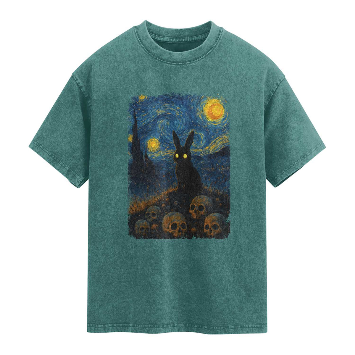 Creepy Cute Bunny Rabbits Washed Cotton T-Shirt Alt Goth Grunge Dark Horror Starry Night Van Gogh Aesthetic