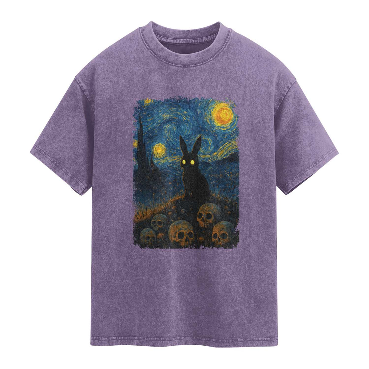 Creepy Cute Bunny Rabbits Washed Cotton T-Shirt Alt Goth Grunge Dark Horror Starry Night Van Gogh Aesthetic
