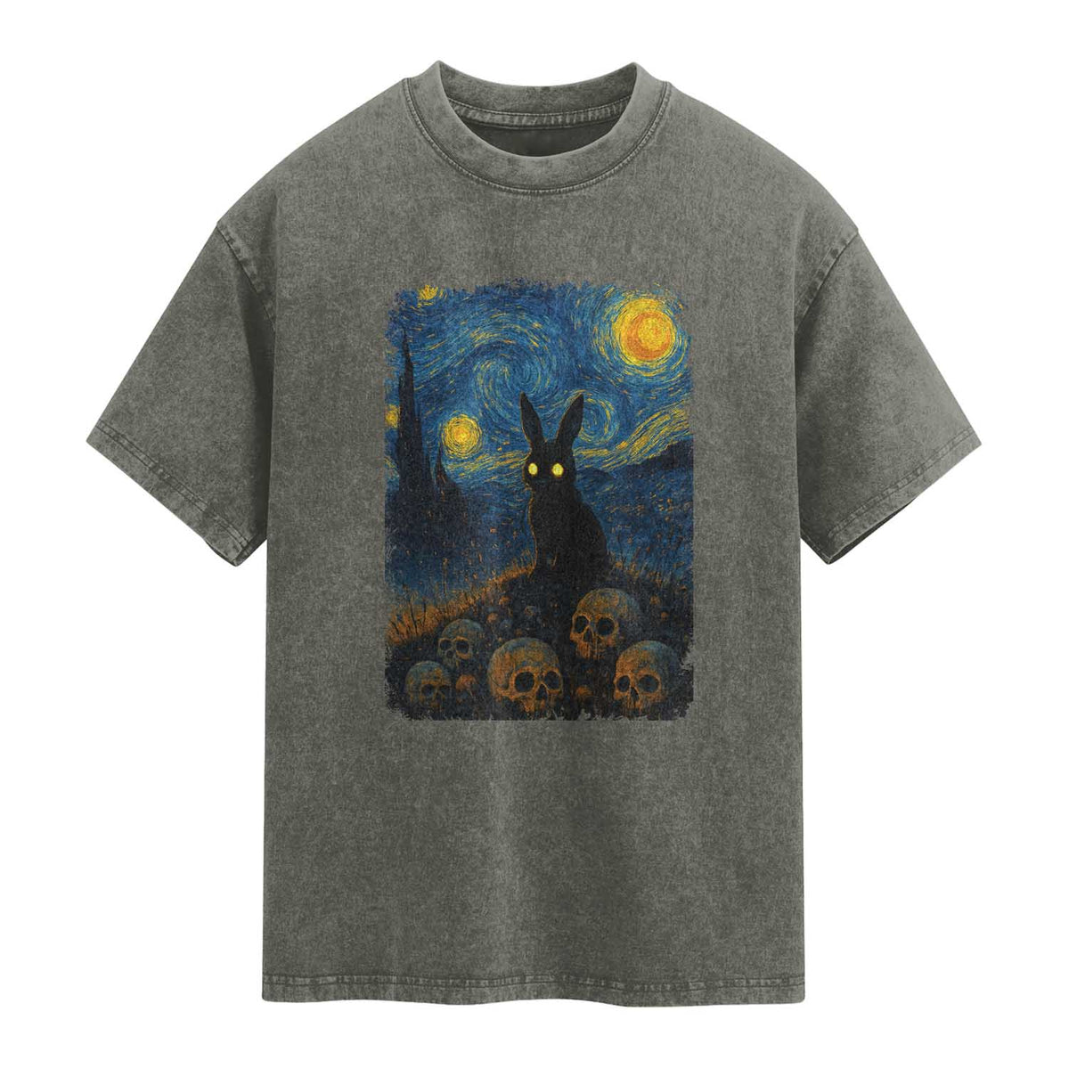 Creepy Cute Bunny Rabbits Washed Cotton T-Shirt Alt Goth Grunge Dark Horror Starry Night Van Gogh Aesthetic