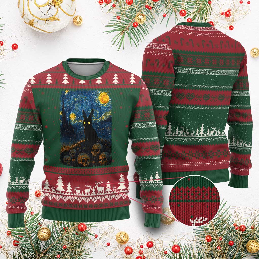 Creepy Cute Bunny Rabbits Ugly Christmas Sweater Alt Goth Grunge Dark Horror Starry Night Van Gogh Aesthetic TS10 Red Green Print Your Wear