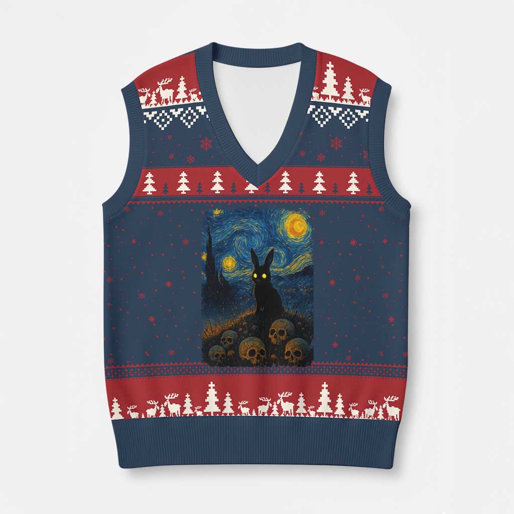 Creepy Cute Bunny Rabbits V-Neck Knit Sweater Vest Alt Goth Grunge Dark Horror Starry Night Van Gogh Aesthetic TS10 Navy Red Print Your Wear
