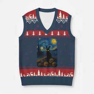 Creepy Cute Bunny Rabbits V-Neck Knit Sweater Vest Alt Goth Grunge Dark Horror Starry Night Van Gogh Aesthetic TS10 Navy Red Print Your Wear