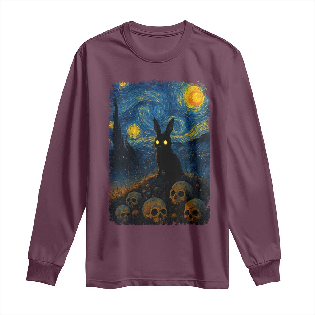 Creepy Cute Bunny Rabbits Long Sleeve Shirt Alt Goth Grunge Dark Horror Starry Night Van Gogh Aesthetic TS10 Maroon Print Your Wear