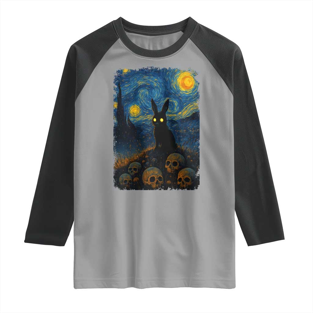 Creepy Cute Bunny Rabbits Raglan Shirt Alt Goth Grunge Dark Horror Starry Night Van Gogh Aesthetic TS10 Sport Gray Black Print Your Wear