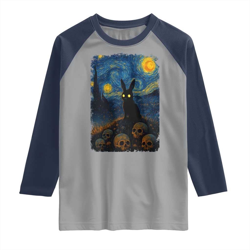 Creepy Cute Bunny Rabbits Raglan Shirt Alt Goth Grunge Dark Horror Starry Night Van Gogh Aesthetic TS10 Sport Gray Navy Print Your Wear