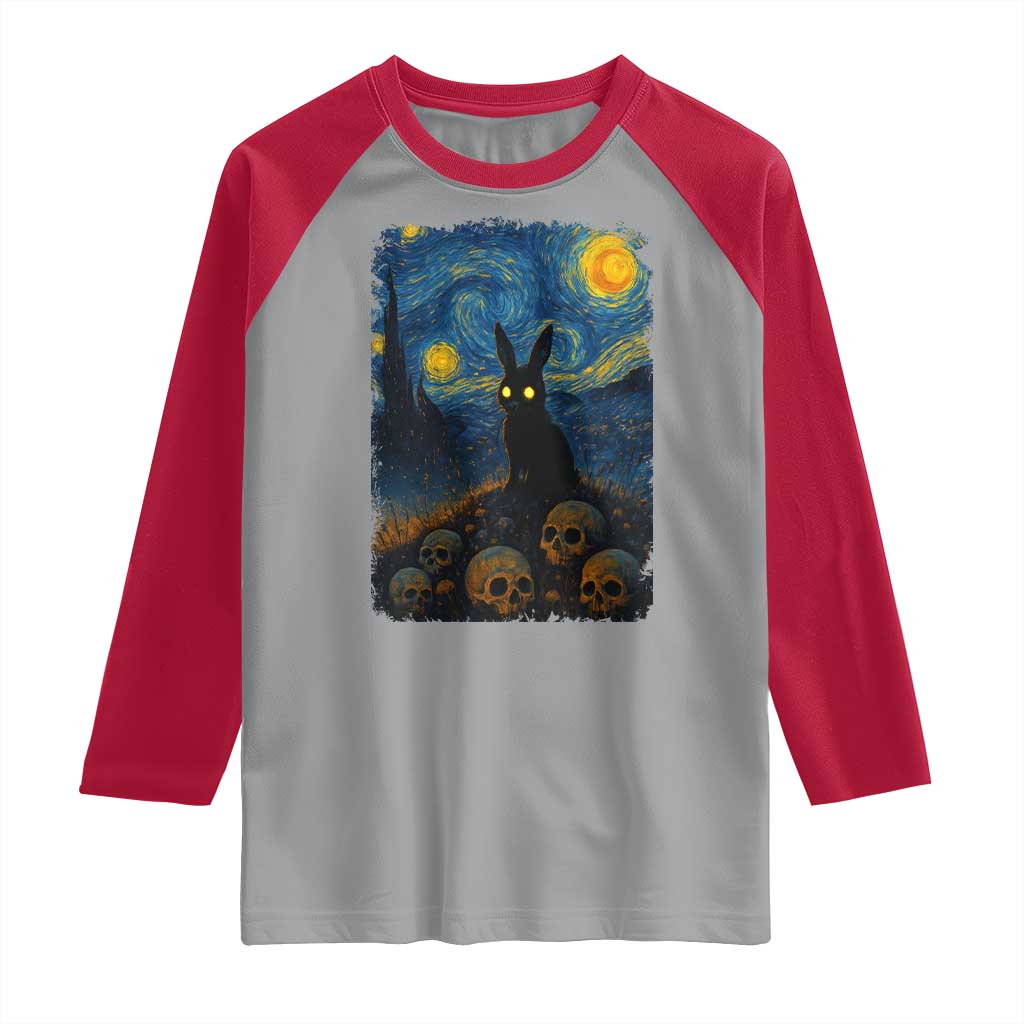 Creepy Cute Bunny Rabbits Raglan Shirt Alt Goth Grunge Dark Horror Starry Night Van Gogh Aesthetic TS10 Sport Gray Red Print Your Wear