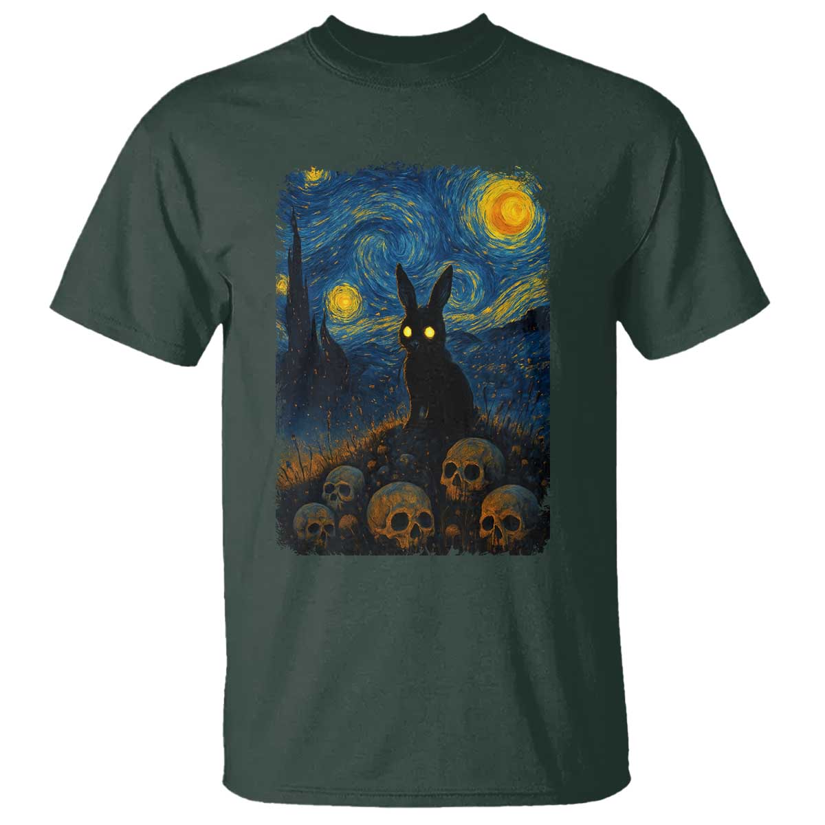 Creepy Cute Bunny Rabbits T Shirt Alt Goth Grunge Dark Horror Starry Night Van Gogh Aesthetic TS10 Dark Forest Green Print Your Wear