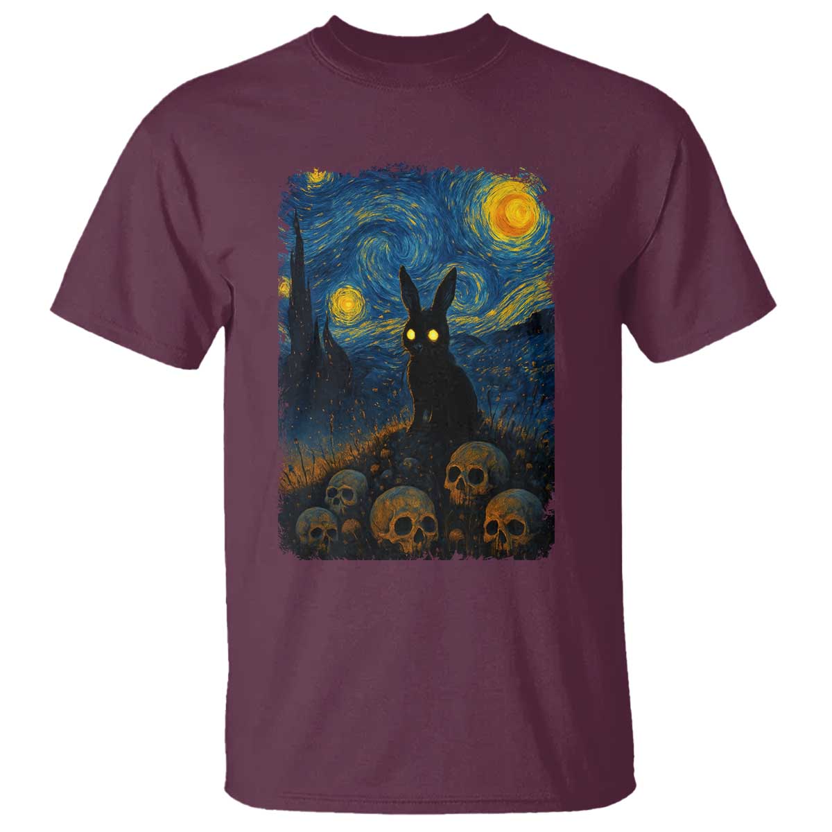 Creepy Cute Bunny Rabbits T Shirt Alt Goth Grunge Dark Horror Starry Night Van Gogh Aesthetic TS10 Maroon Print Your Wear
