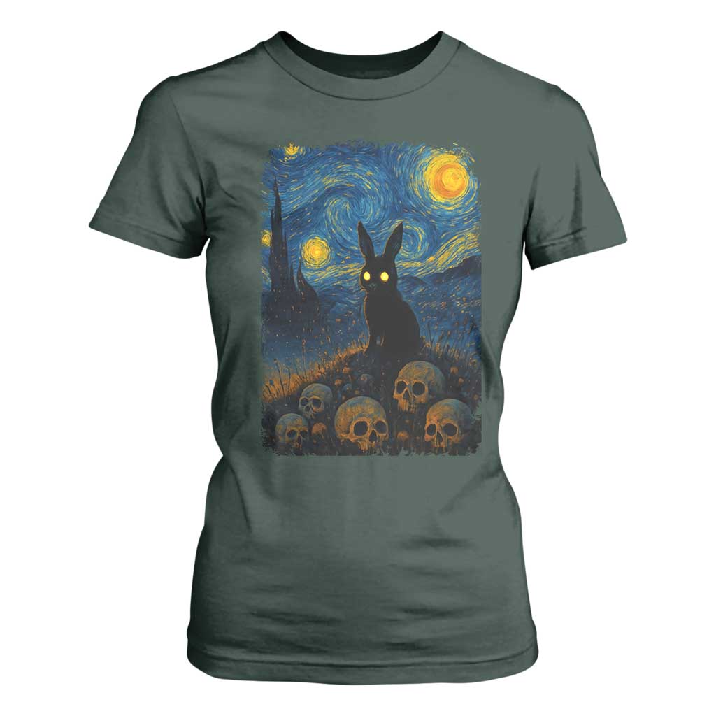 Creepy Cute Bunny Rabbits T Shirt For Women Alt Goth Grunge Dark Horror Starry Night Van Gogh Aesthetic TS10 Dark Forest Green Print Your Wear