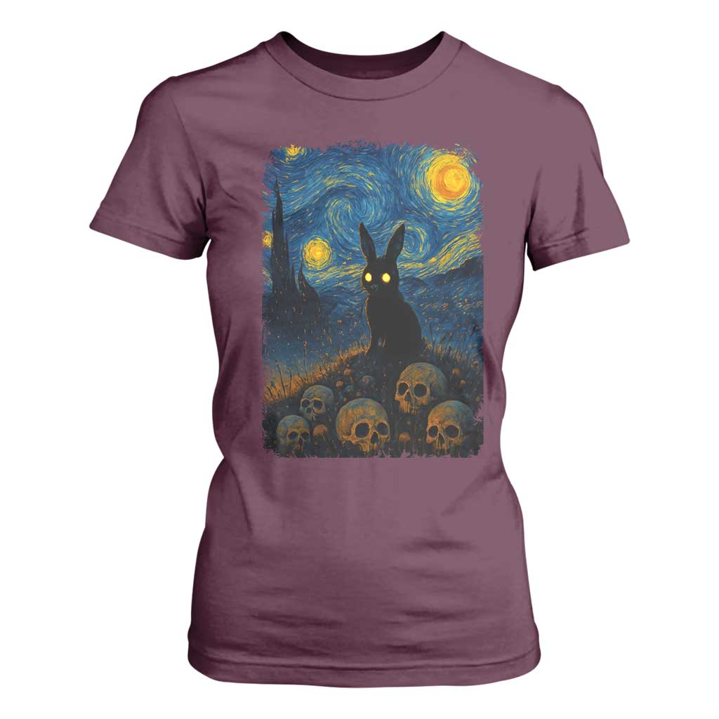 Creepy Cute Bunny Rabbits T Shirt For Women Alt Goth Grunge Dark Horror Starry Night Van Gogh Aesthetic TS10 Maroon Print Your Wear