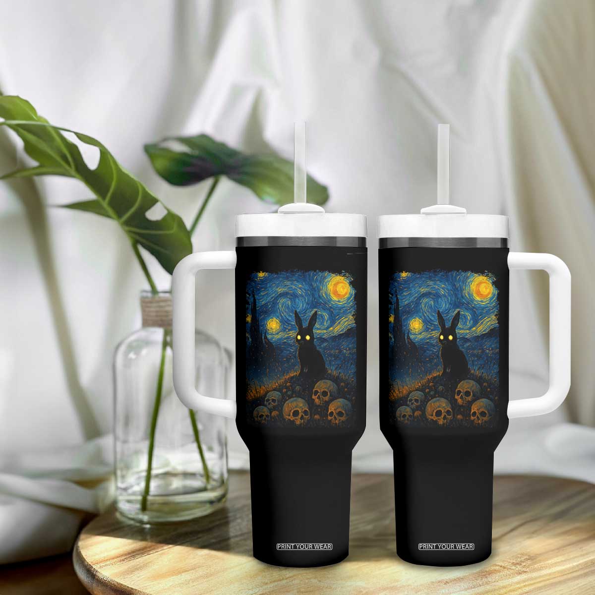 Creepy Cute Bunny Rabbits Tumbler With Handle Alt Goth Grunge Dark Horror Starry Night Van Gogh Aesthetic TS10 Print Your Wear