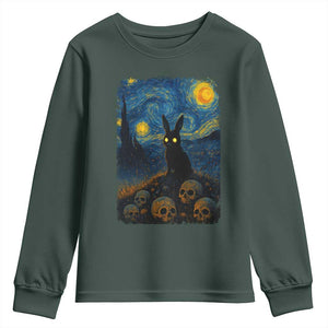 Creepy Cute Bunny Rabbits Youth Sweatshirt Alt Goth Grunge Dark Horror Starry Night Van Gogh Aesthetic TS10 Dark Forest Green Print Your Wear