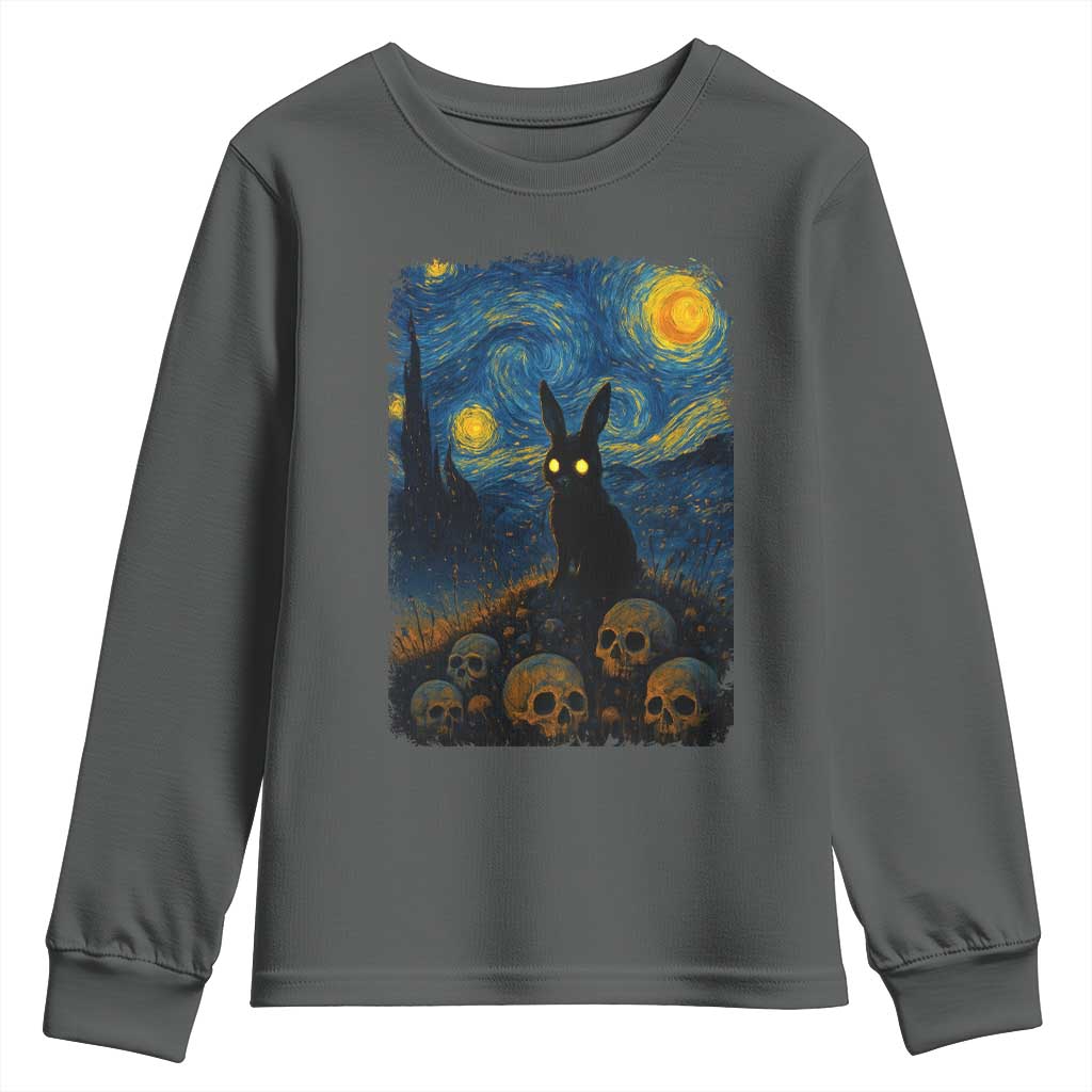 Creepy Cute Bunny Rabbits Youth Sweatshirt Alt Goth Grunge Dark Horror Starry Night Van Gogh Aesthetic TS10 Dark Heather Print Your Wear