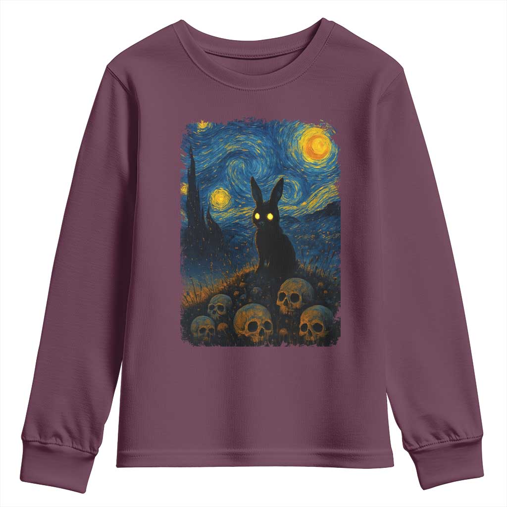 Creepy Cute Bunny Rabbits Youth Sweatshirt Alt Goth Grunge Dark Horror Starry Night Van Gogh Aesthetic TS10 Maroon Print Your Wear