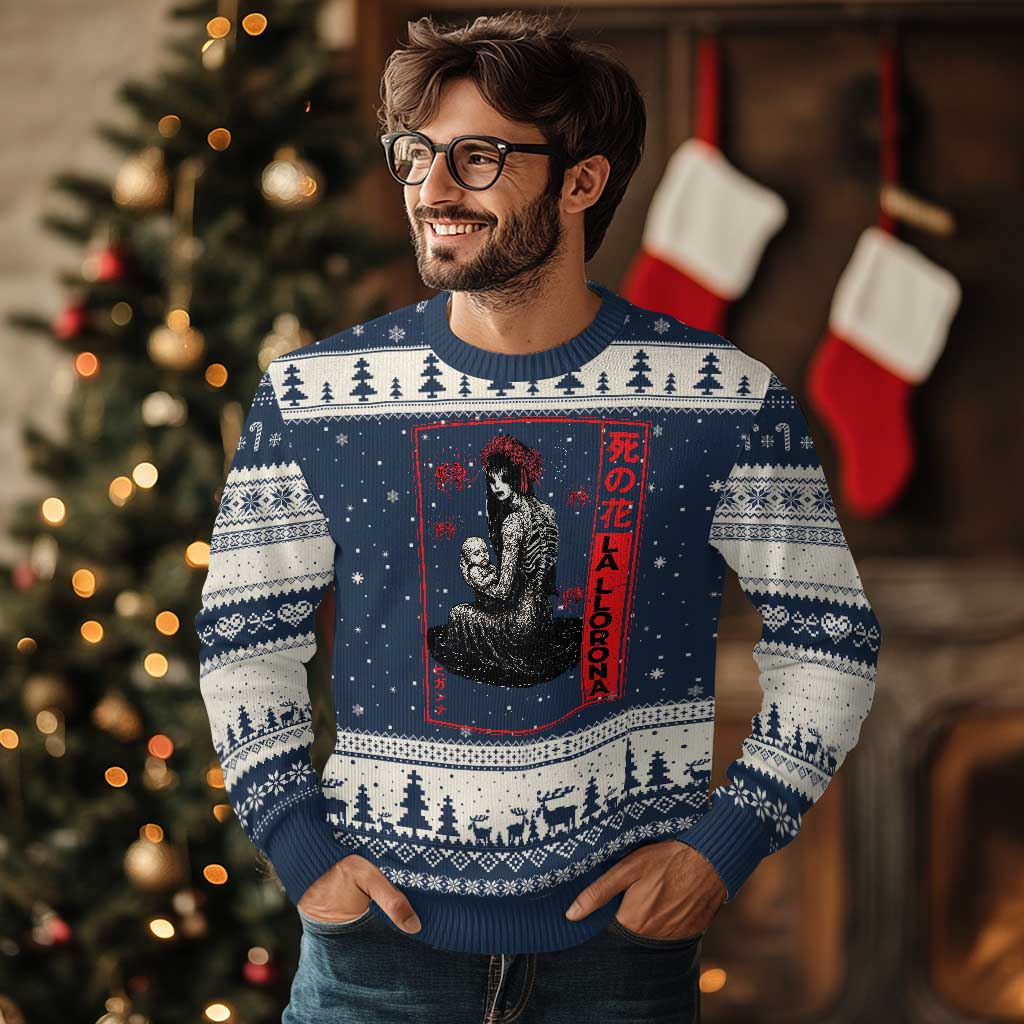 La Llorona Ugly Christmas Sweater Folklore Japanese Spider Lily Soft Grunge Anime Aesthetic Flower TS10 Navy Beige Print Your Wear