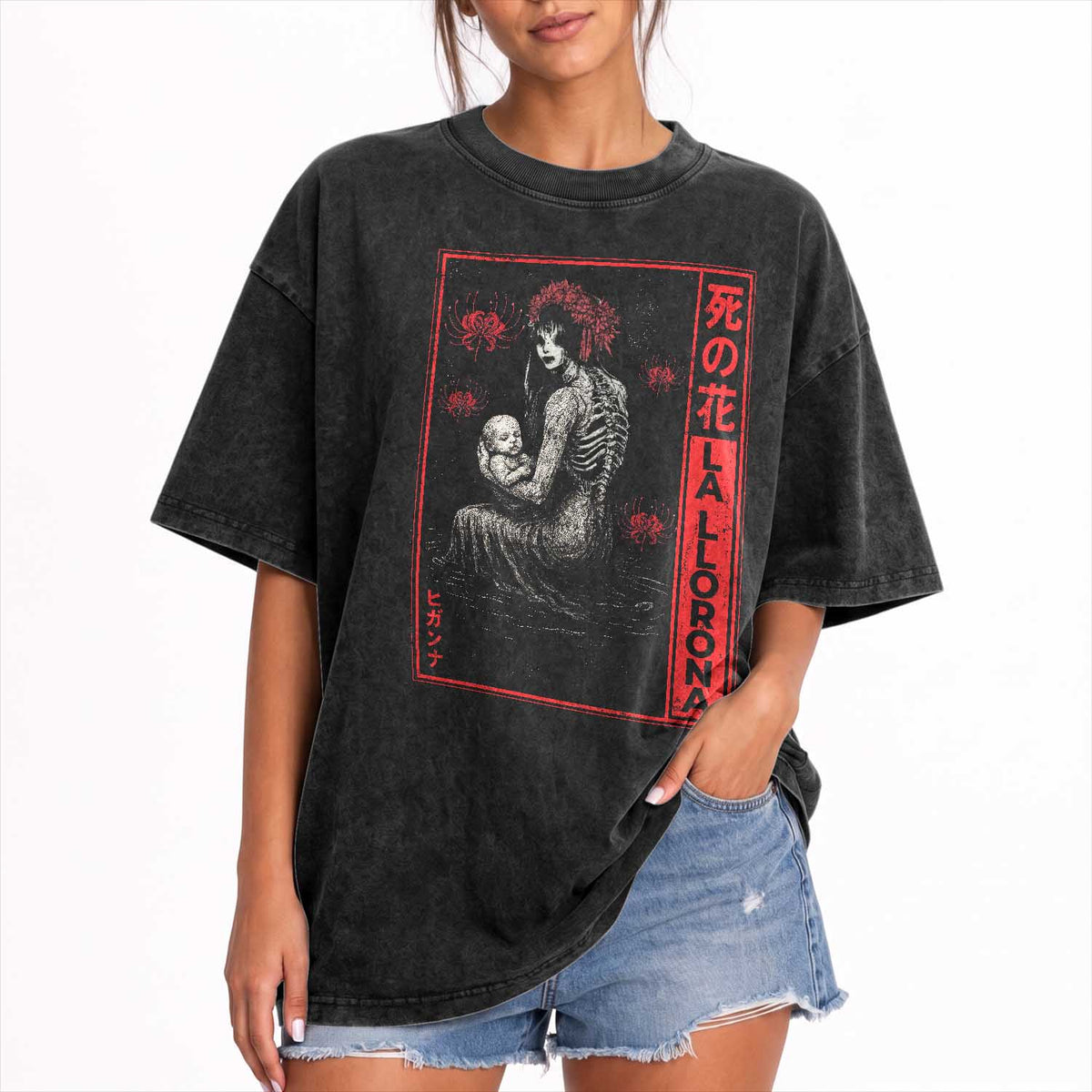 La Llorona Washed Cotton T-Shirt Folklore Japanese Spider Lily Soft Grunge Anime Aesthetic Flower