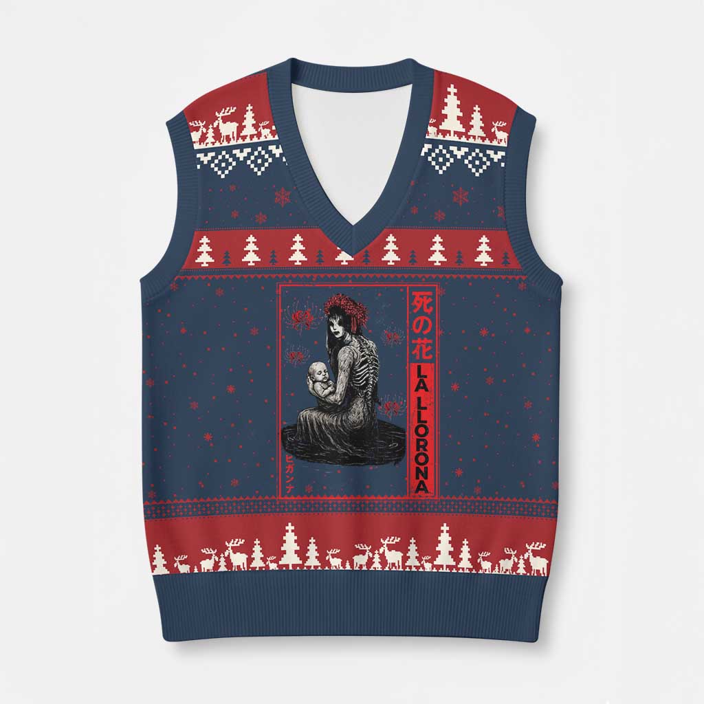 La Llorona V-Neck Knit Sweater Vest Folklore Japanese Spider Lily Soft Grunge Anime Aesthetic Flower TS10 Navy Red Print Your Wear
