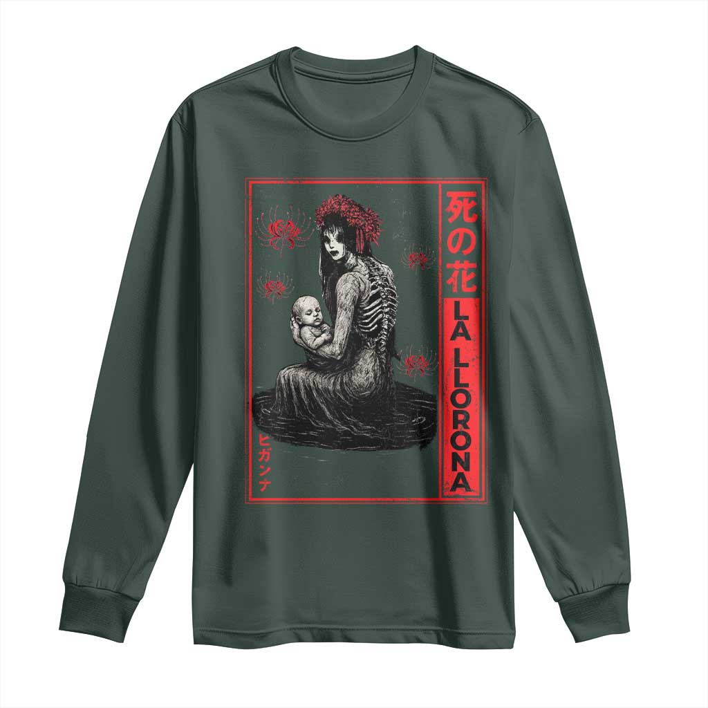 La Llorona Long Sleeve Shirt Folklore Japanese Spider Lily Soft Grunge Anime Aesthetic Flower TS10 Dark Forest Green Print Your Wear