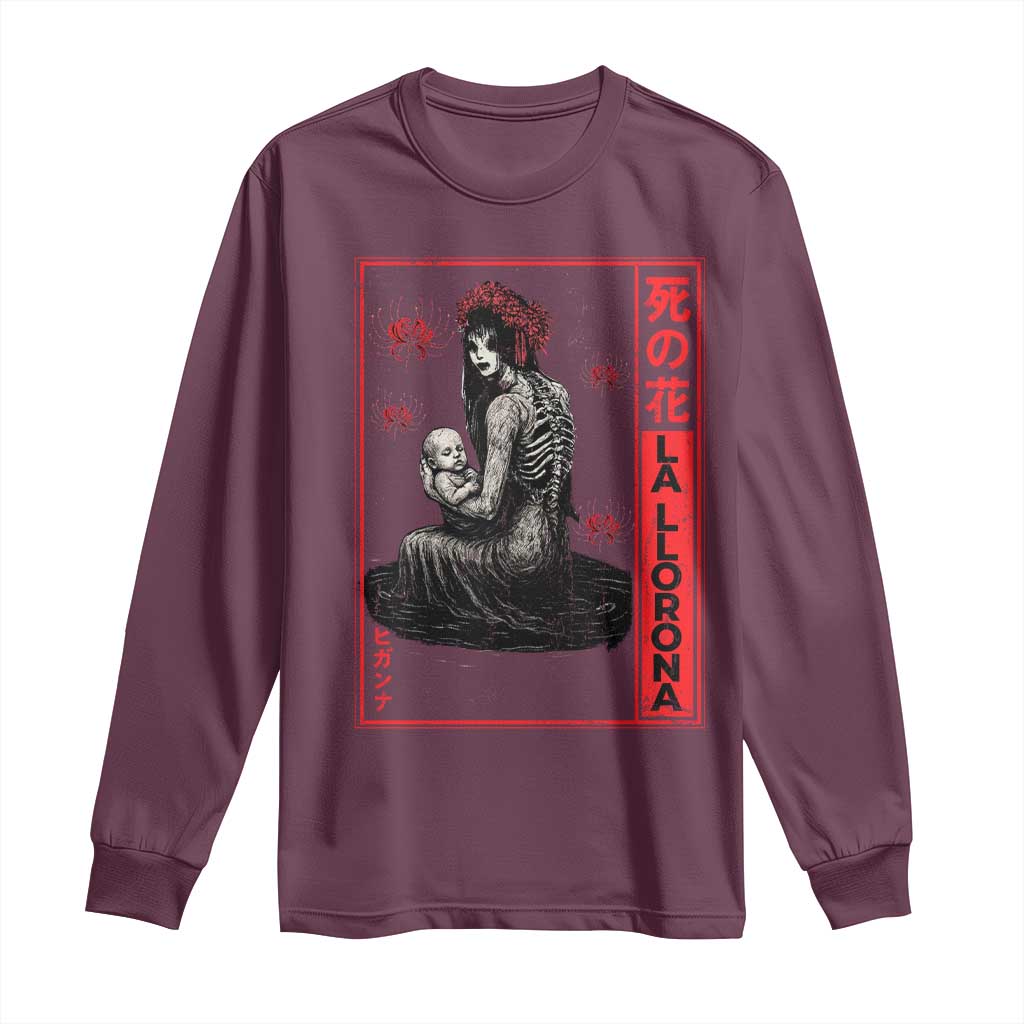 La Llorona Long Sleeve Shirt Folklore Japanese Spider Lily Soft Grunge Anime Aesthetic Flower TS10 Maroon Print Your Wear