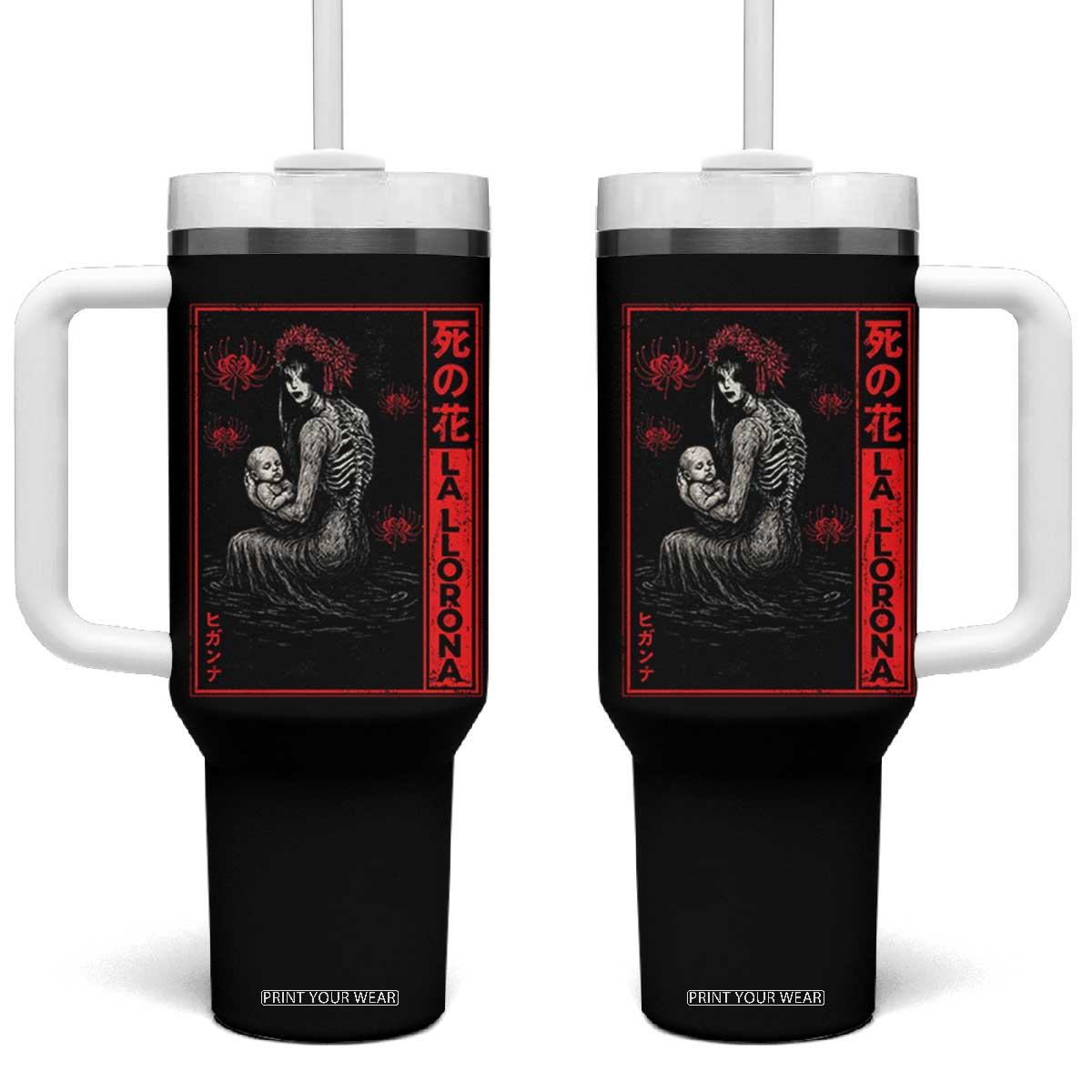 La Llorona Tumbler With Handle Folklore Japanese Spider Lily Soft Grunge Anime Aesthetic Flower TS10 One Size: 40 oz Black Print Your Wear