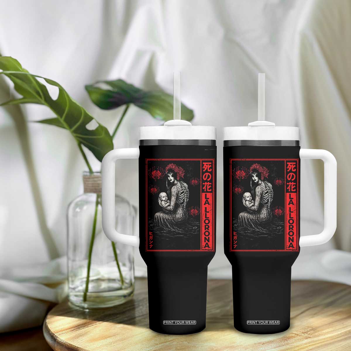 La Llorona Tumbler With Handle Folklore Japanese Spider Lily Soft Grunge Anime Aesthetic Flower TS10 Print Your Wear