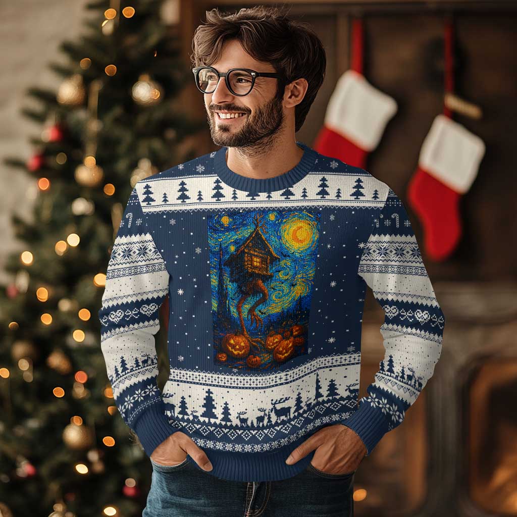 Baba Yaga House Ugly Christmas Sweater Starry Night Van Gogh Slavic Folklore Russia Fairy Tale TS10 Navy Beige Print Your Wear