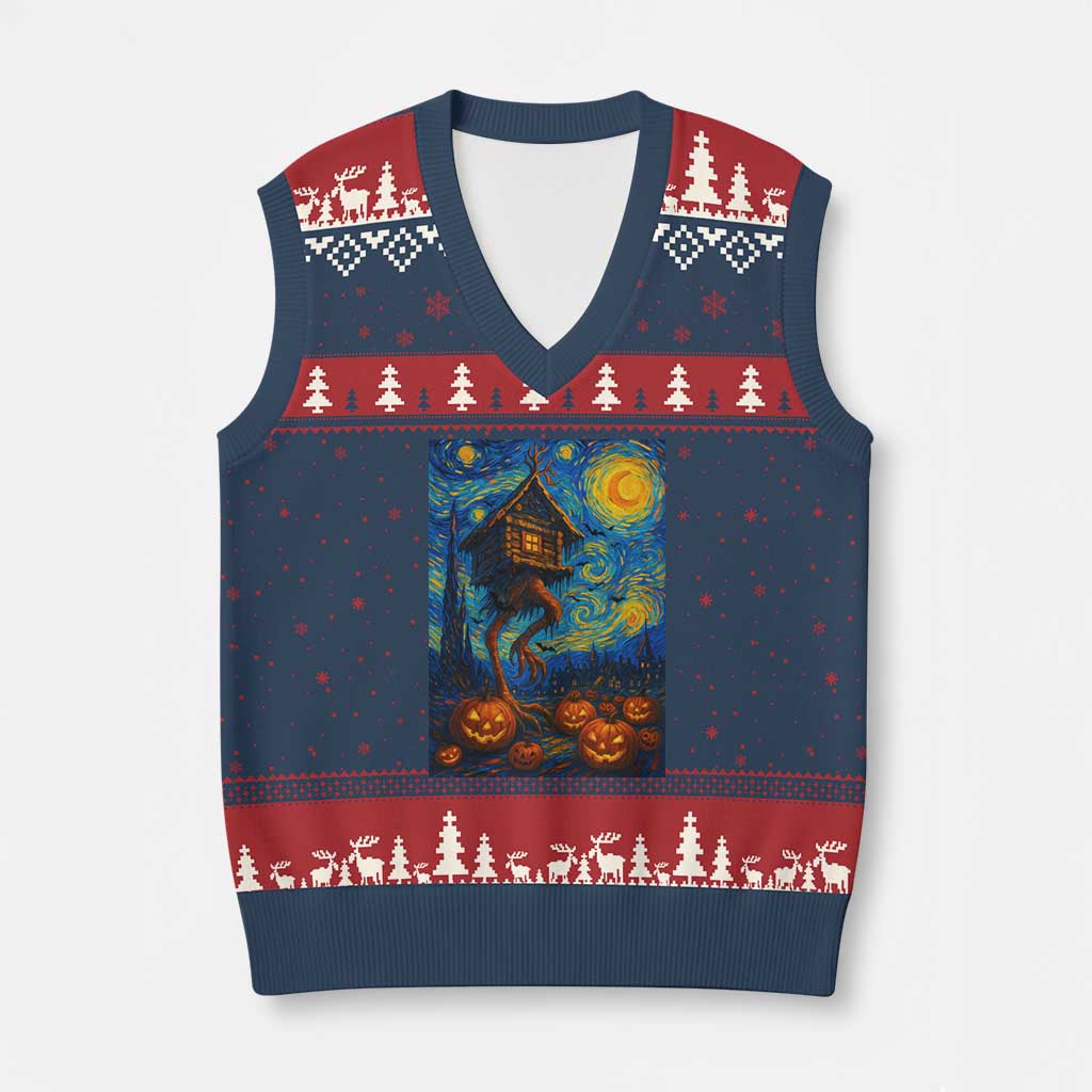 Baba Yaga House V-Neck Knit Sweater Vest Starry Night Van Gogh Slavic Folklore Russia Fairy Tale TS10 Navy Red Print Your Wear