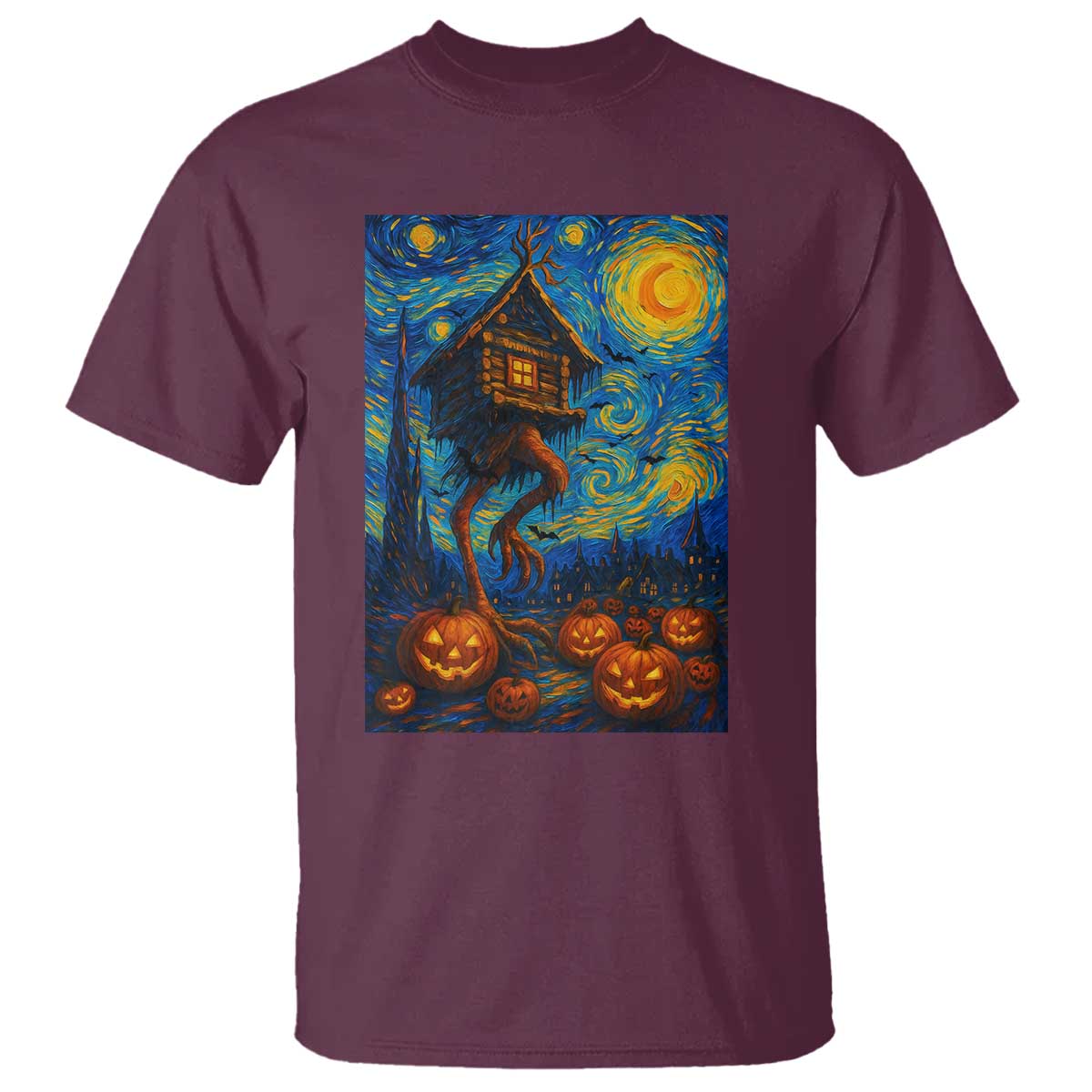 Baba Yaga House T Shirt Starry Night Van Gogh Slavic Folklore Russia Fairy Tale TS10 Maroon Print Your Wear