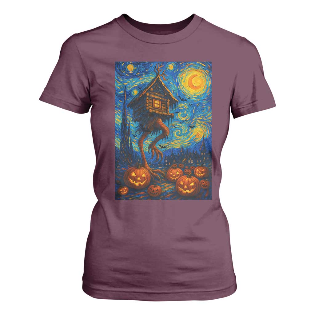 Baba Yaga House T Shirt For Women Starry Night Van Gogh Slavic Folklore Russia Fairy Tale TS10 Maroon Print Your Wear