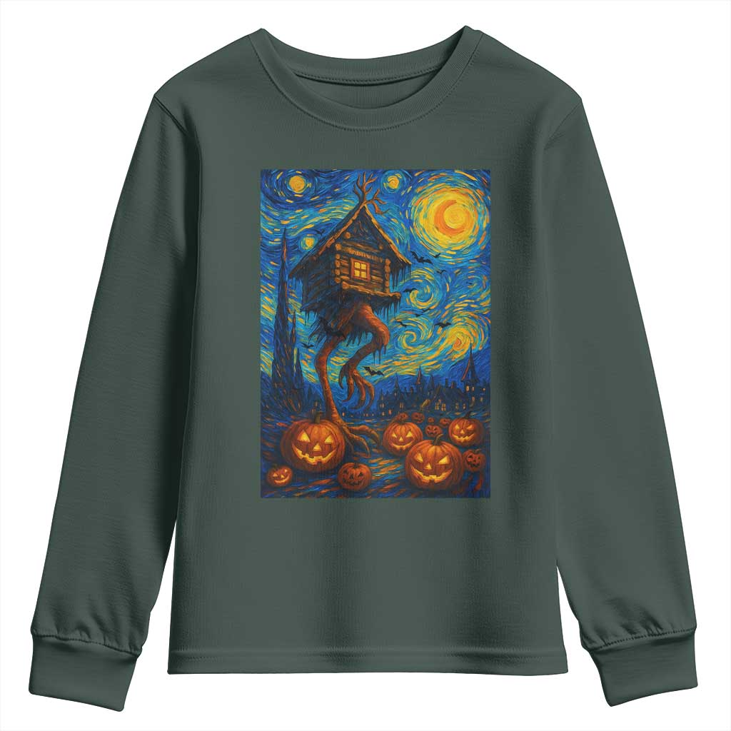 Baba Yaga House Youth Sweatshirt Starry Night Van Gogh Slavic Folklore Russia Fairy Tale TS10 Dark Forest Green Print Your Wear