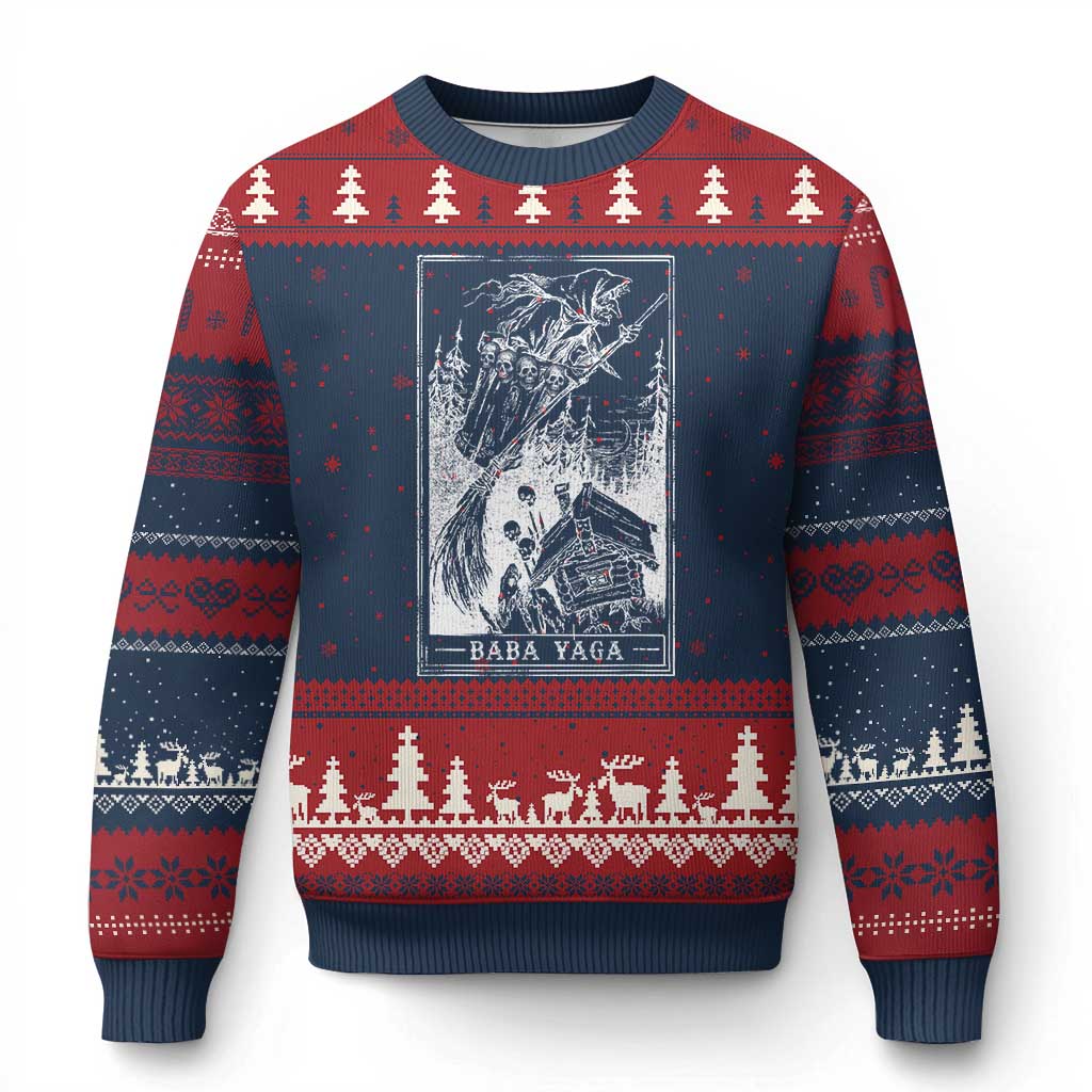Baba Yaga House Tarot Card Ugly Christmas Sweater Botanical Slavic Folklore Pagan Witchy TS10 Navy Red Print Your Wear