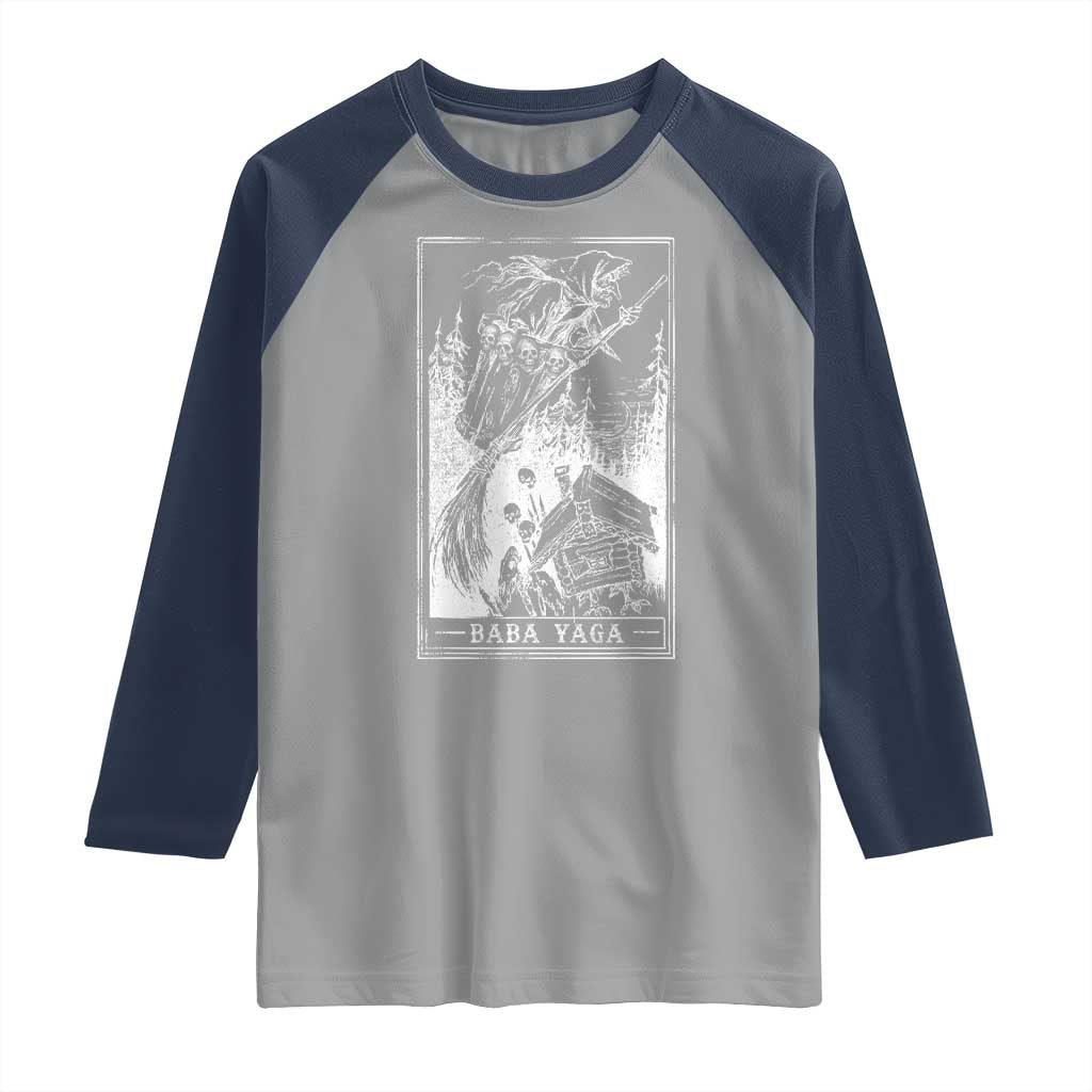 Baba Yaga House Tarot Card Raglan Shirt Botanical Slavic Folklore Pagan Witchy TS10 Sport Gray Navy Print Your Wear