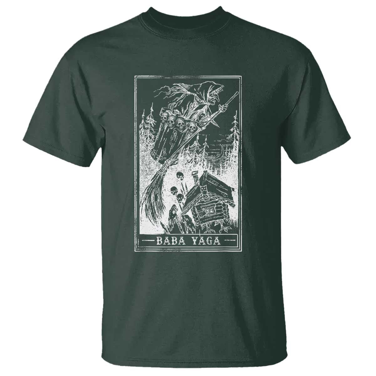 Baba Yaga House Tarot Card T Shirt Botanical Slavic Folklore Pagan Witchy TS10 Dark Forest Green Print Your Wear