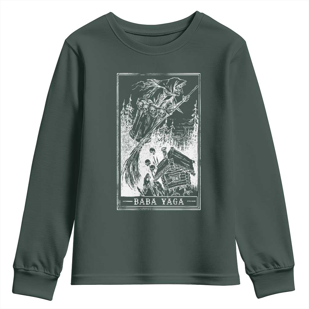 Baba Yaga House Tarot Card Youth Sweatshirt Botanical Slavic Folklore Pagan Witchy TS10 Dark Forest Green Print Your Wear