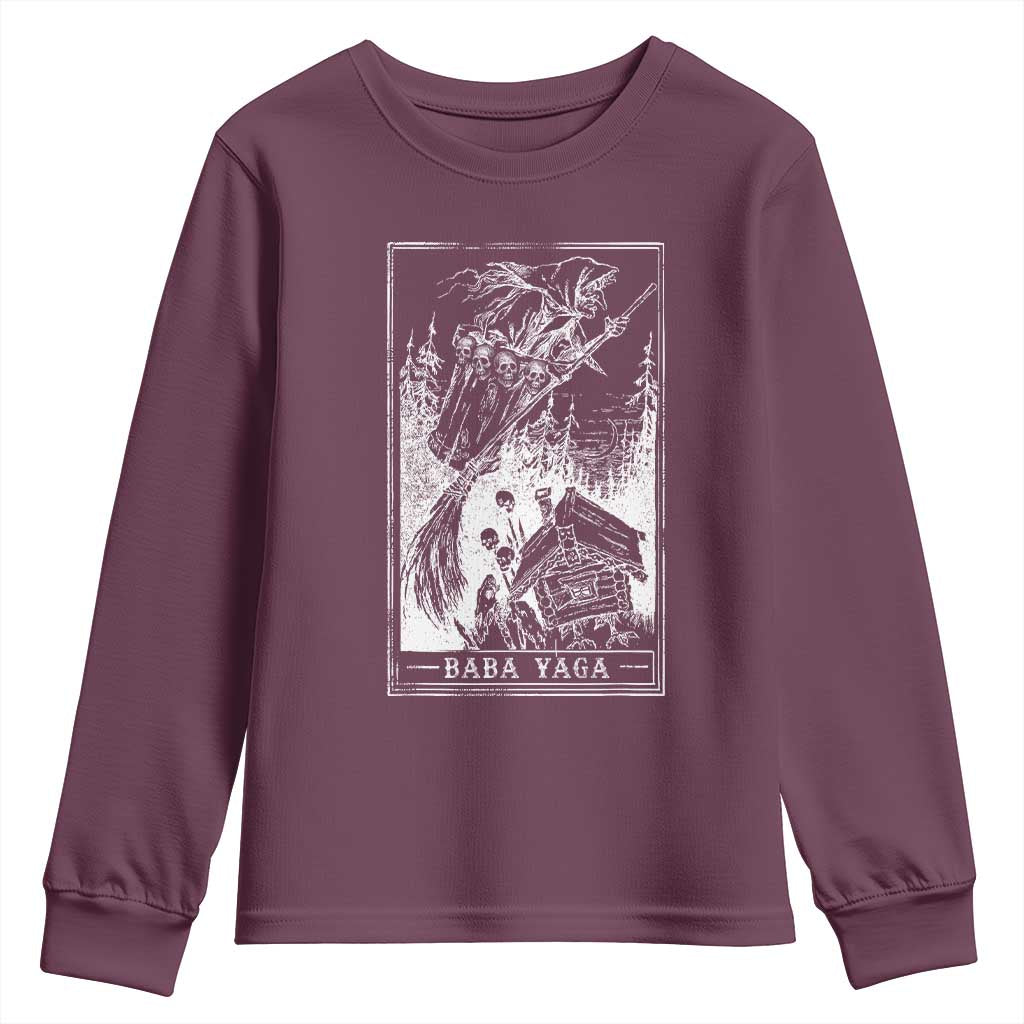 Baba Yaga House Tarot Card Youth Sweatshirt Botanical Slavic Folklore Pagan Witchy TS10 Maroon Print Your Wear