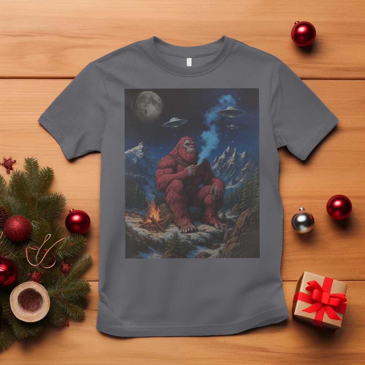 Funny Smoking Bigfoot T Shirt Vintage Cigarette Sasquatch UFO Cryptid Meme TS10 Charcoal Print Your Wear