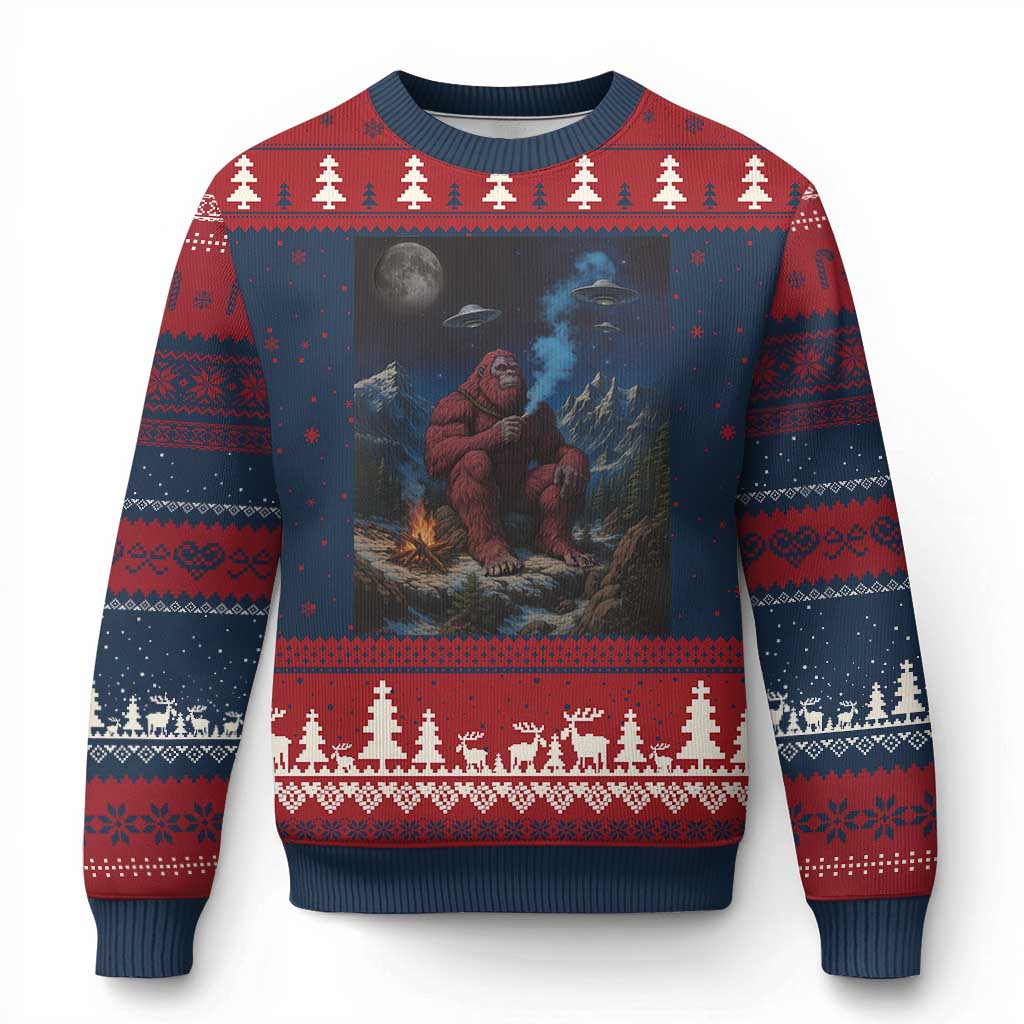 Funny Smoking Bigfoot Ugly Christmas Sweater Vintage Cigarette Sasquatch UFO Cryptid Meme TS10 Navy Red Print Your Wear