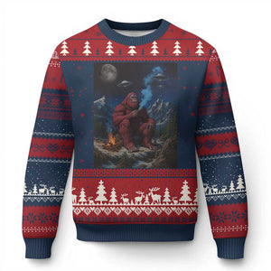 Funny Smoking Bigfoot Ugly Christmas Sweater Vintage Cigarette Sasquatch UFO Cryptid Meme TS10 Navy Red Print Your Wear