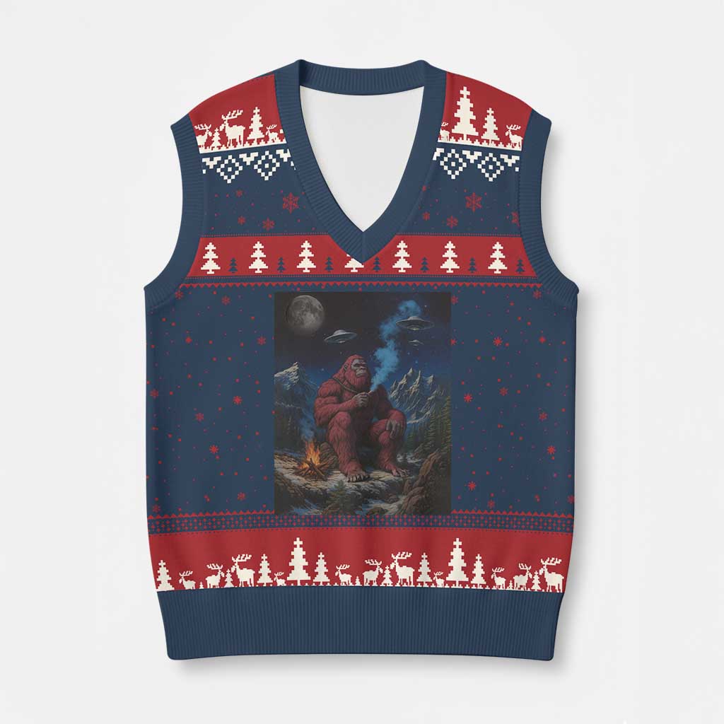 Funny Smoking Bigfoot V-Neck Knit Sweater Vest Vintage Cigarette Sasquatch UFO Cryptid Meme TS10 Navy Red Print Your Wear