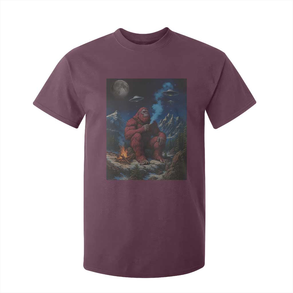 Funny Smoking Bigfoot T Shirt For Kid Vintage Cigarette Sasquatch UFO Cryptid Meme TS10 Maroon Print Your Wear